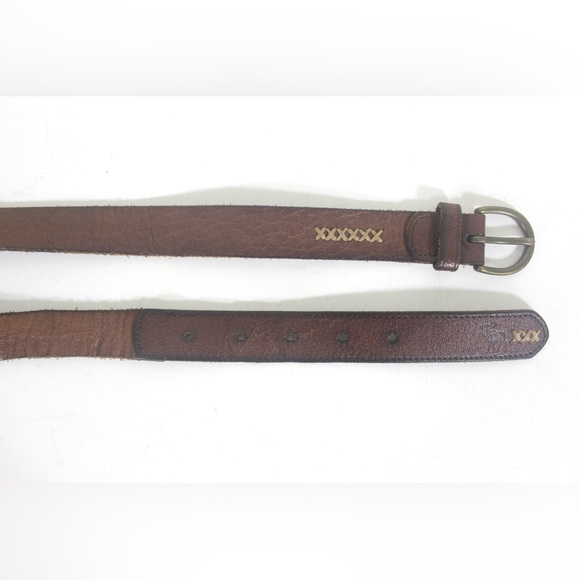 Cognac Brown Rustic Leather Belt with Antiqued Brass Buckle and Topstitching - Picture 3 of 7